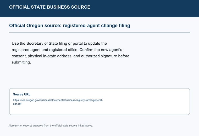 Official Oregon registered-agent change filing source screenshot showing the change filing information