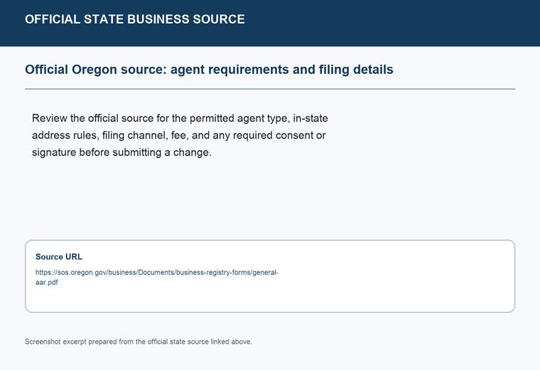 Official Oregon registered-agent requirements source screenshot showing agent requirements and filing details