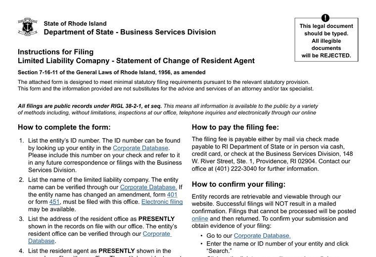 Official Rhode Island registered-agent change filing source screenshot showing the change filing information