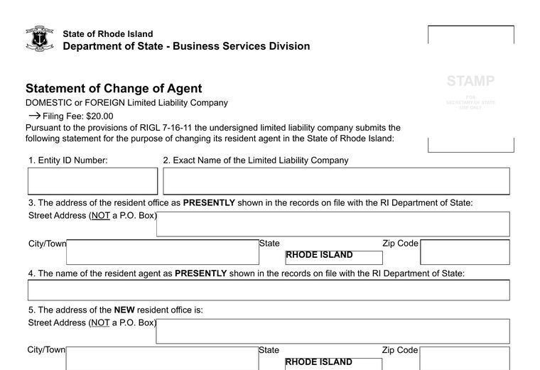 Official Rhode Island registered-agent requirements source screenshot showing agent requirements and filing details