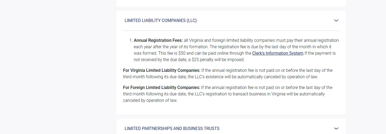 Virginia SCC LLC guidance showing the $50 fee, due-date rule, and late-payment consequences.