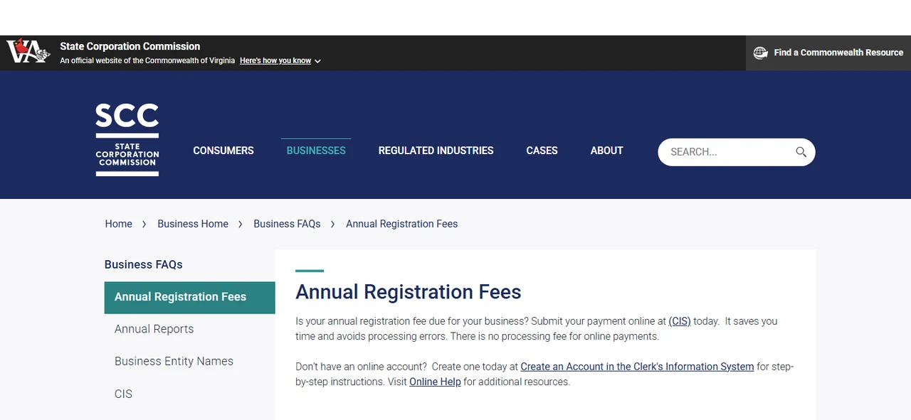 Virginia SCC Annual Registration Fees page directing businesses to pay online through CIS.