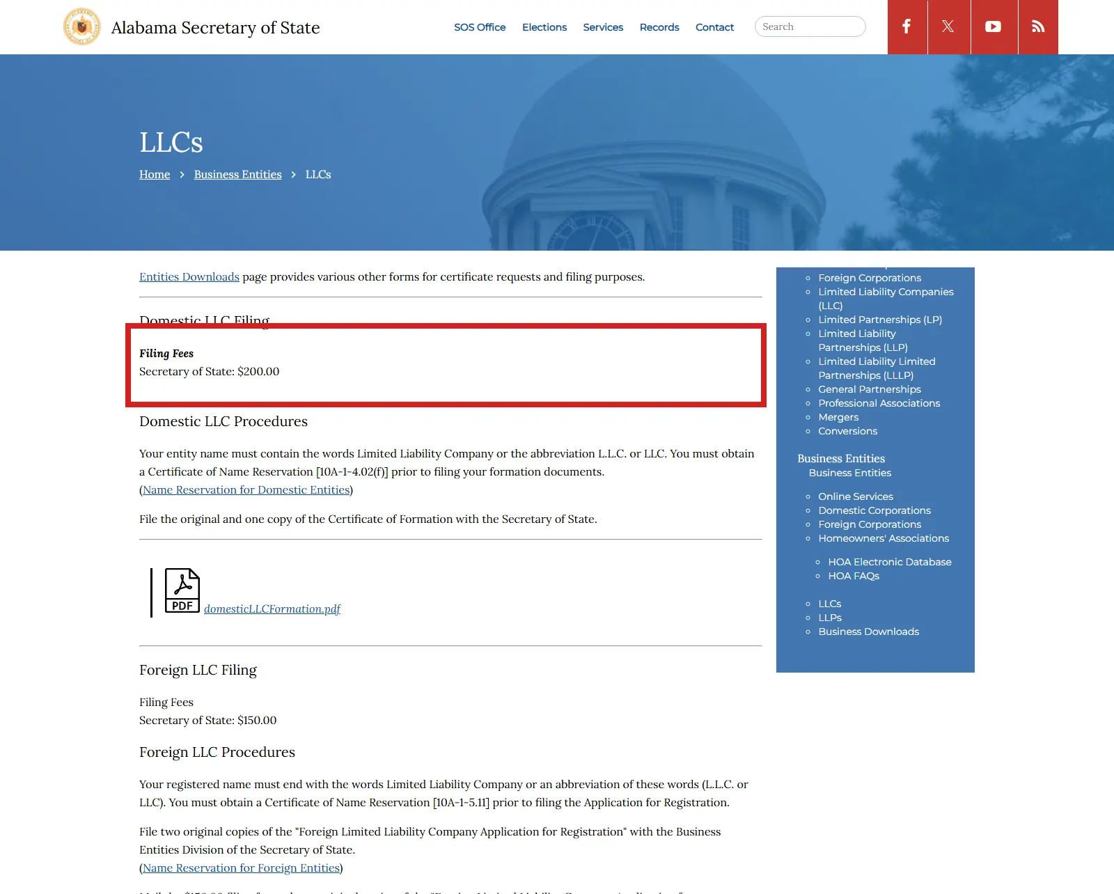 Alabama Secretary of State LLC page showing the $200 domestic Certificate of Formation fee.