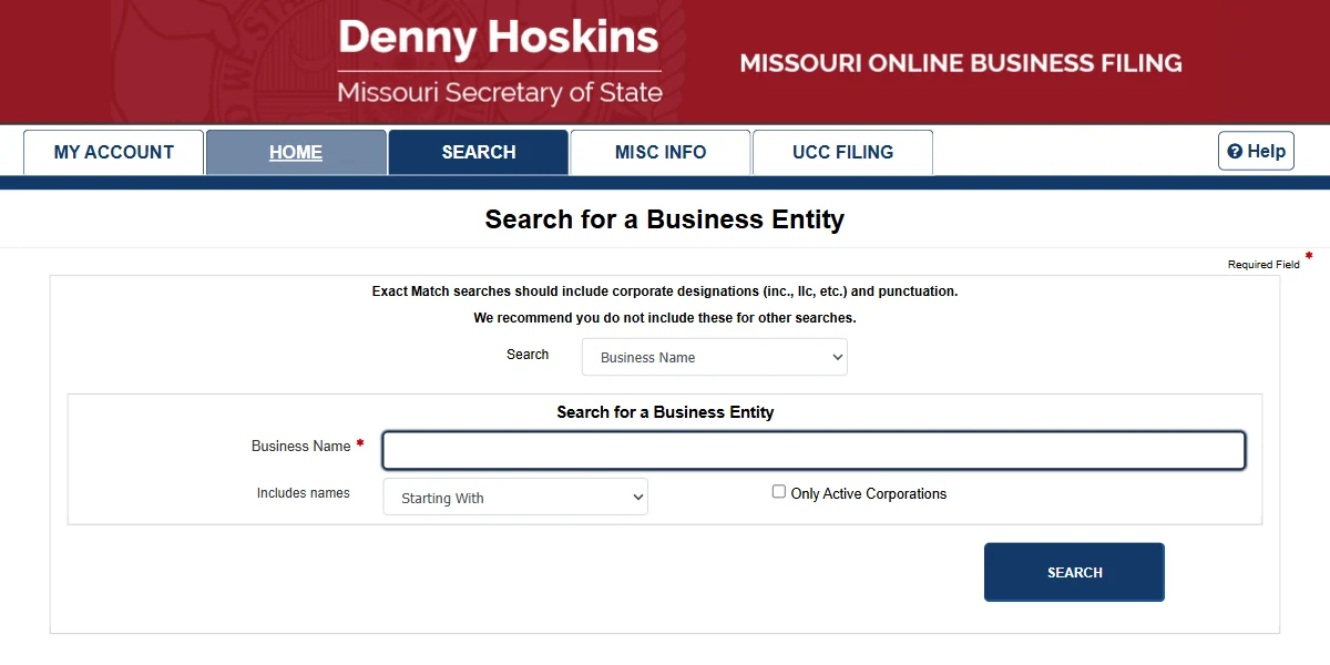 Missouri Secretary of State business entity search screen with business name and name availability options.