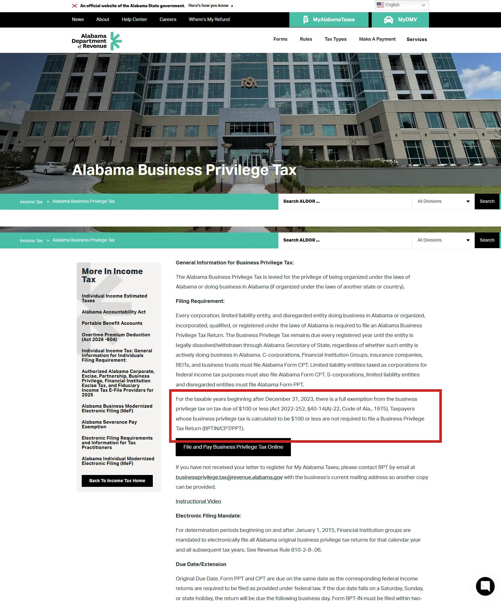Alabama Department of Revenue guidance showing Form PPT filing and the $100-or-less tax exemption.