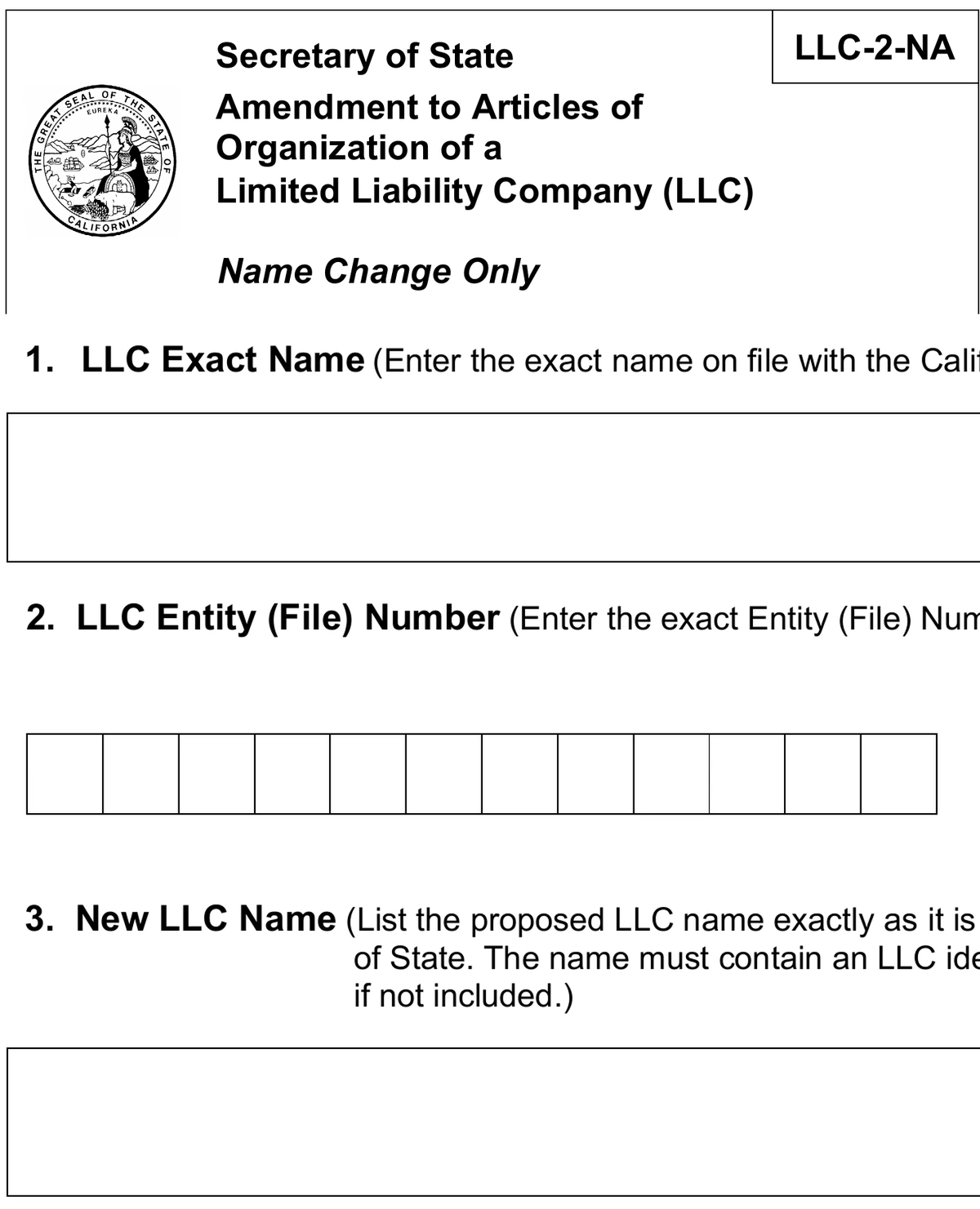 Excerpts from California Form LLC-2-NA show the Secretary of State seal and letterhead above the blank exact-name, entity-number, and new-name fields.