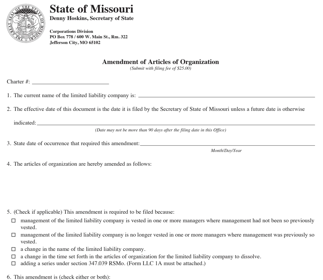 Missouri Form LLC-12 amendment page showing current name and name-change fields.