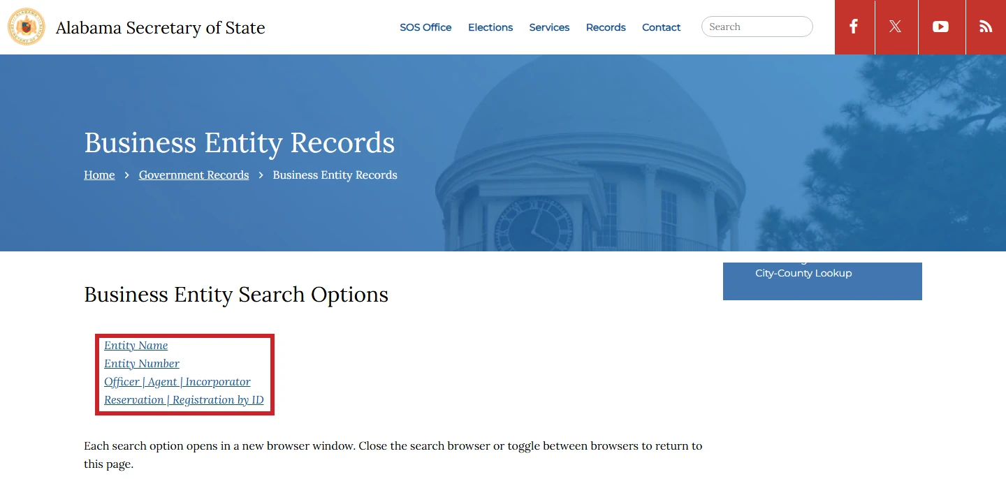 Alabama Secretary of State business entity search options with surrounding page context and all four methods outlined in red