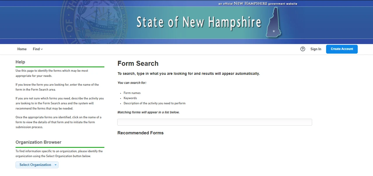 New Hampshire online forms finder with Form Search and Recommended Forms