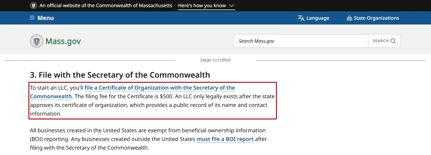 Full-width Mass.gov page showing the Certificate of Organization filing instructions below the official site header