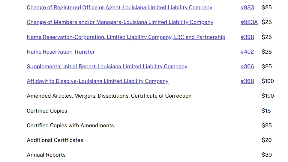 Louisiana Secretary of State fee schedule listing Form 368 dissolution affidavit for a domestic LLC at $100.
