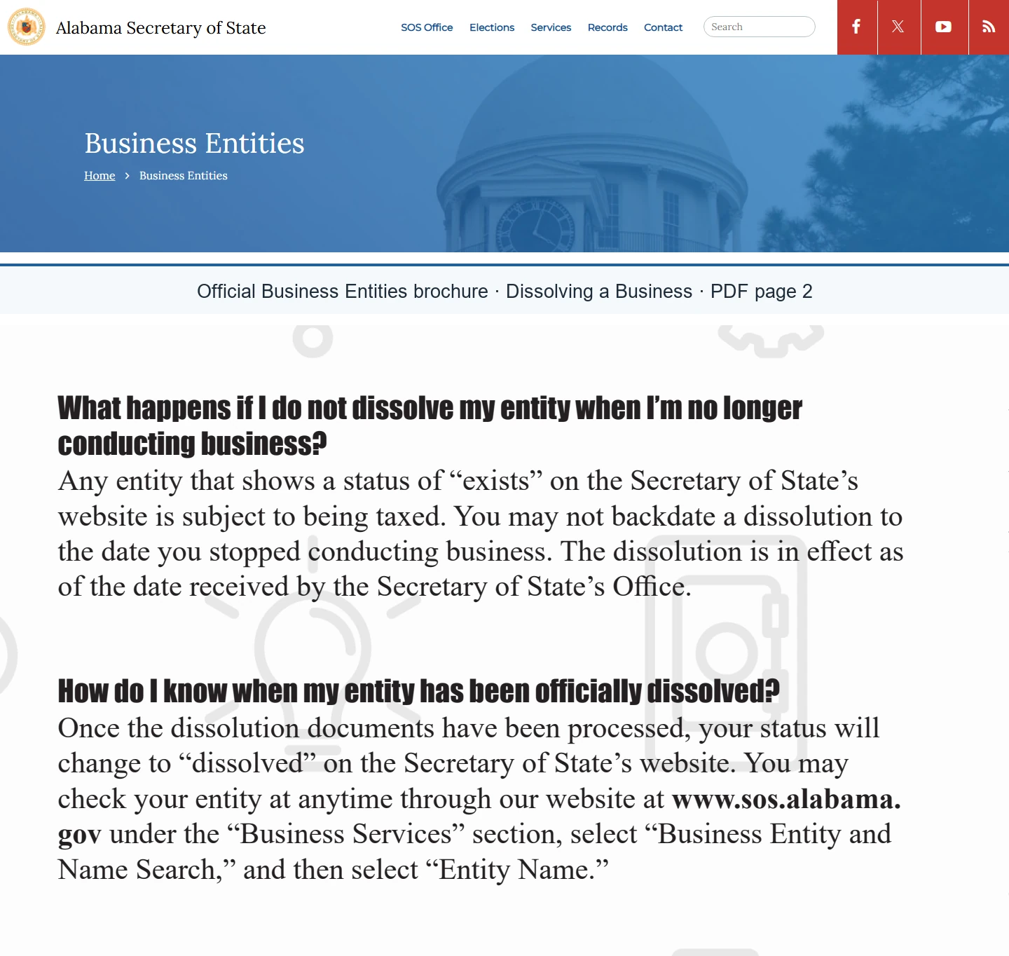 Alabama Secretary of State header and surrounding brochure context explaining when an entity is officially dissolved