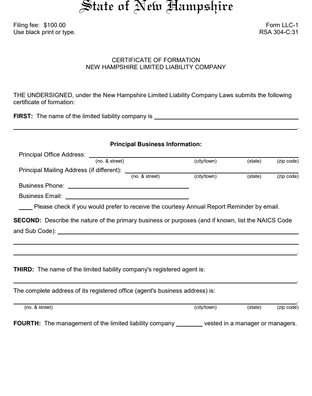 New Hampshire Form LLC-1 Certificate of Formation fields for name, office, agent, and management