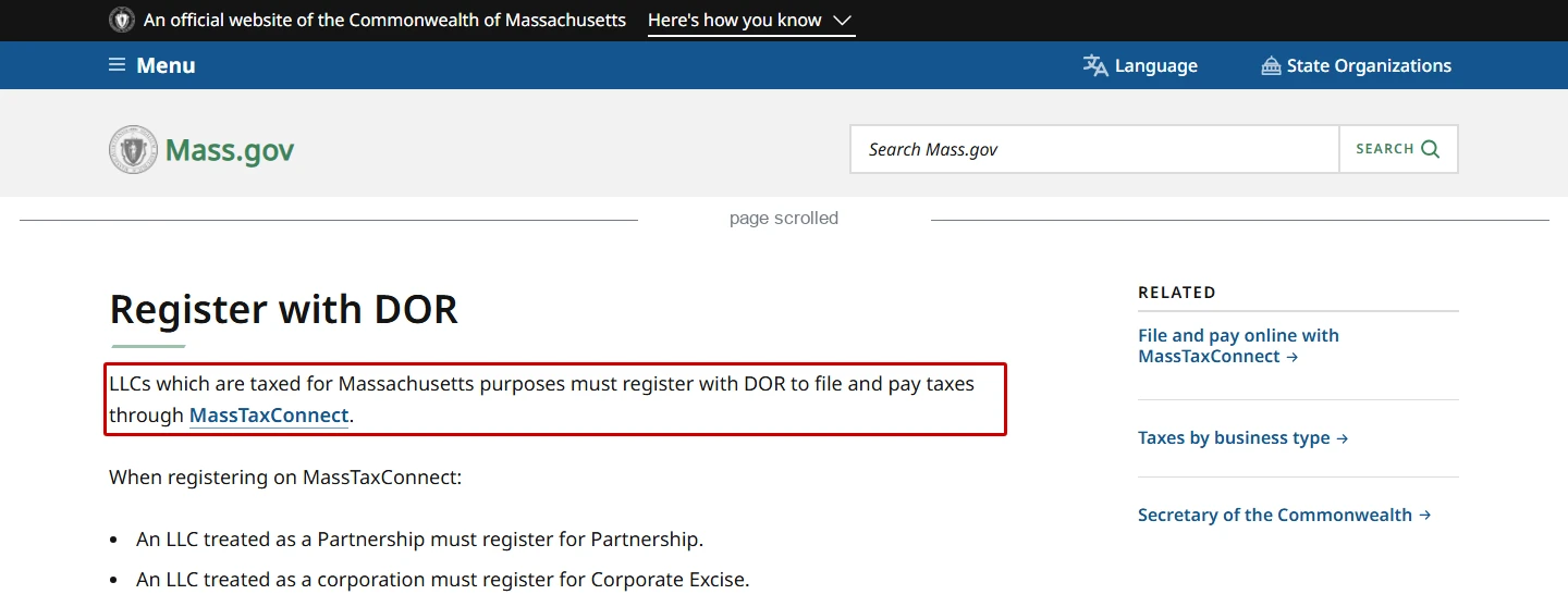 Full-width Mass.gov page showing the Register with DOR section, MassTaxConnect instruction, and tax-treatment examples