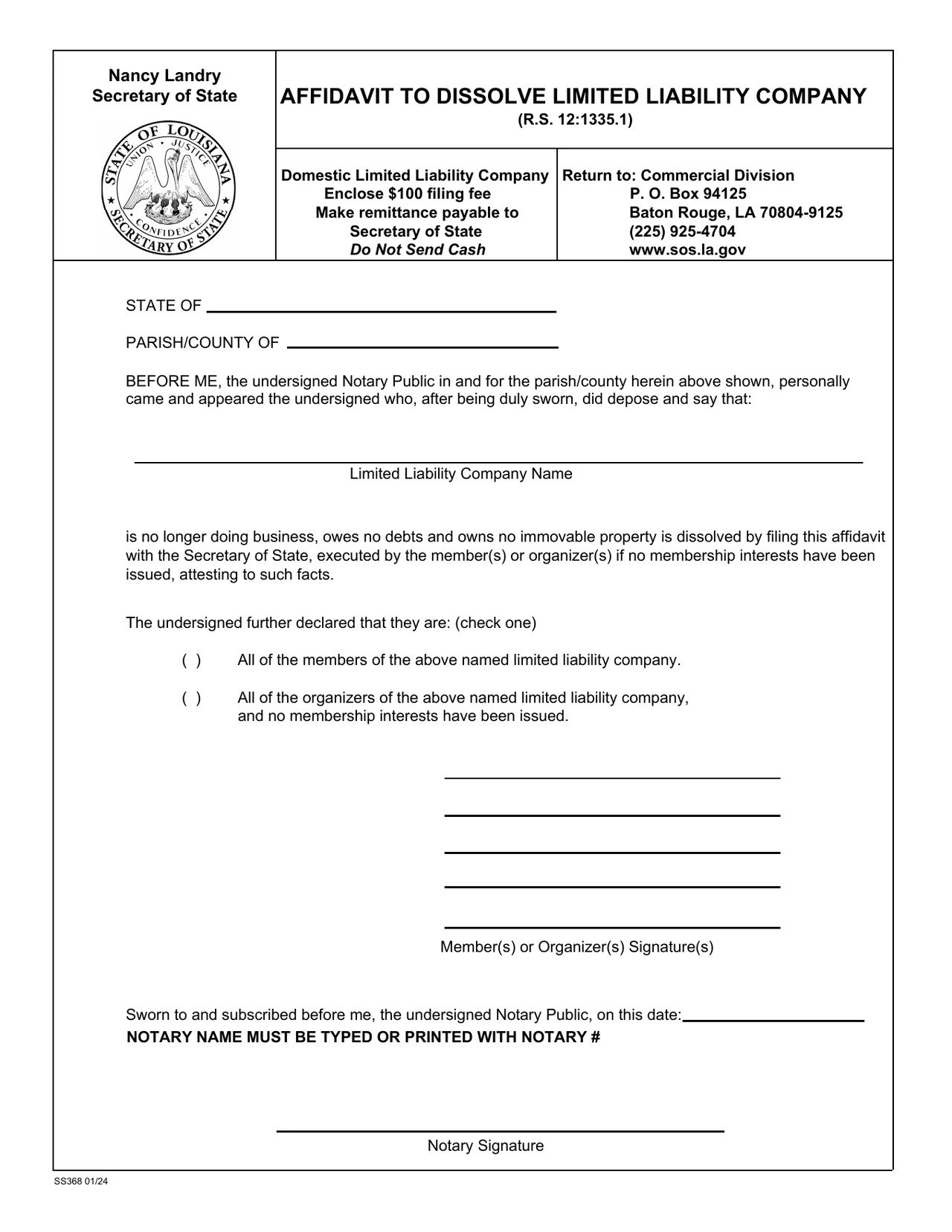 Blank Louisiana Form 368 affidavit showing LLC eligibility statements, member or organizer signatures, and notary signature.
