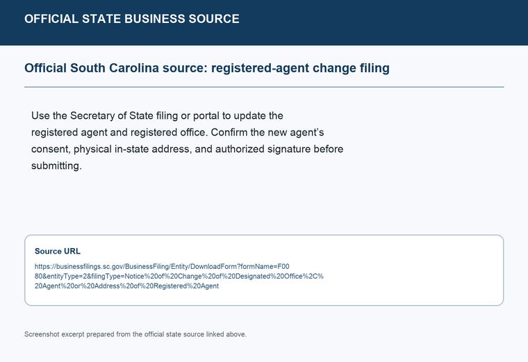 Official South Carolina registered-agent change filing source screenshot showing the change filing information