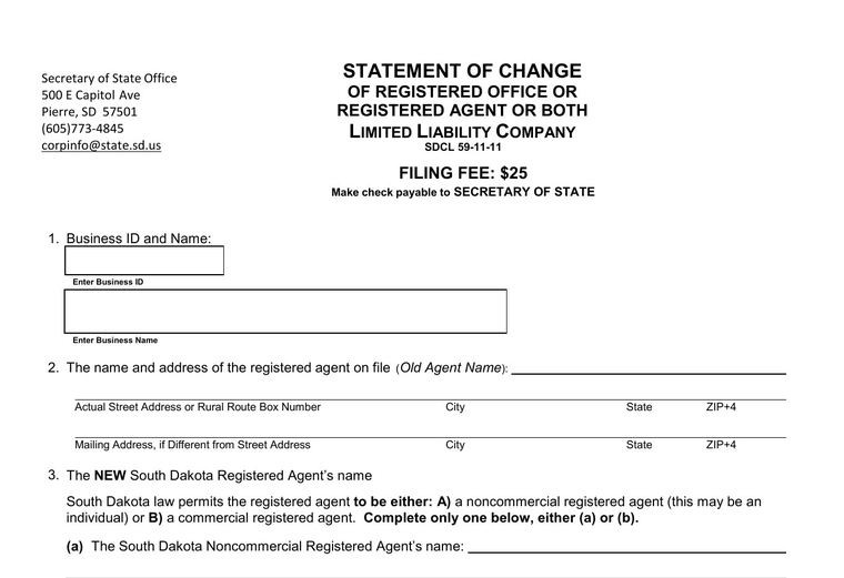 Official South Dakota registered-agent change filing source screenshot showing the change filing information
