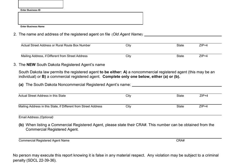 Official South Dakota registered-agent requirements source screenshot showing agent requirements and filing details