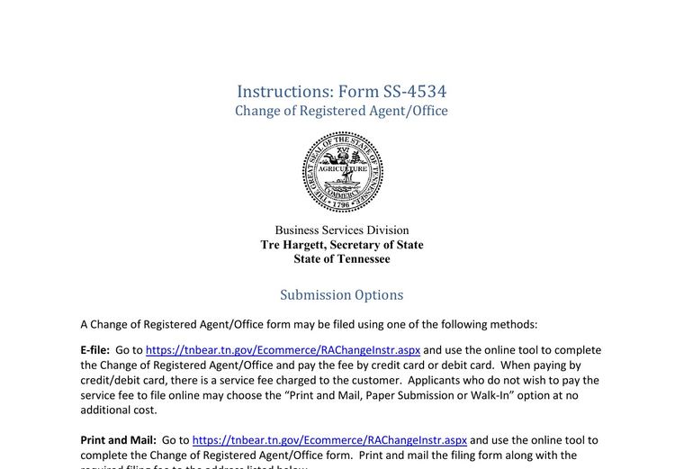 Official Tennessee registered-agent change filing source screenshot showing the change filing information