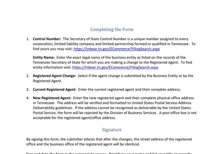 Official Tennessee registered-agent requirements source screenshot showing agent requirements and filing details