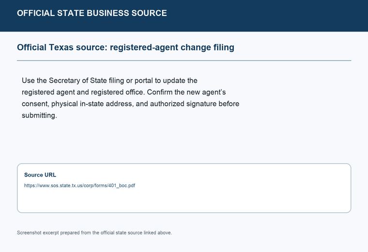 Official Texas registered-agent change filing source screenshot showing the change filing information