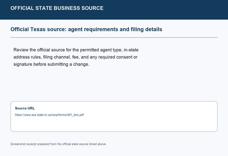 Official Texas registered-agent requirements source screenshot showing agent requirements and filing details