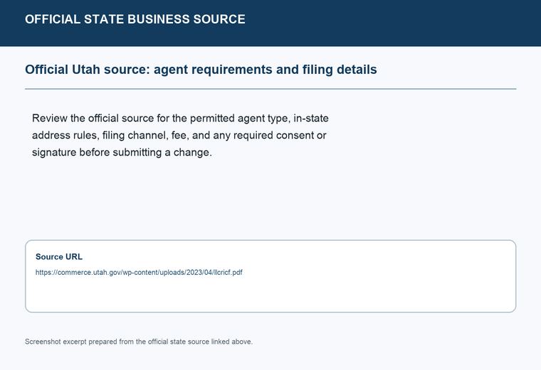 Official Utah registered-agent requirements source screenshot showing agent requirements and filing details