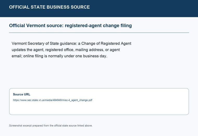 Official Vermont registered-agent change filing source screenshot showing the change filing information