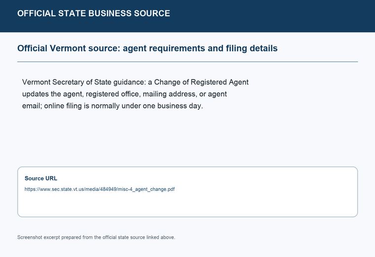 Official Vermont registered-agent requirements source screenshot showing agent requirements and filing details