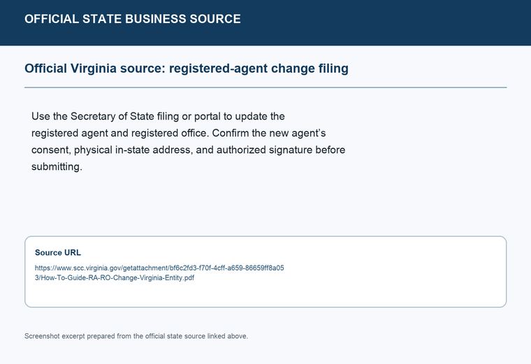 Official Virginia registered-agent change filing source screenshot showing the change filing information