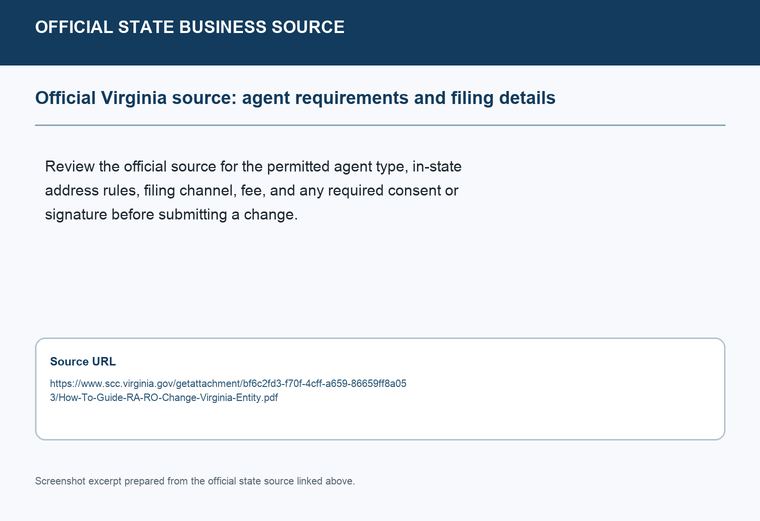 Official Virginia registered-agent requirements source screenshot showing agent requirements and filing details