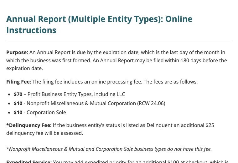 Official Washington Secretary of State annual report fee and late fee guidance
