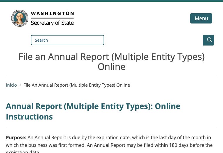 Official Washington Secretary of State annual report filing guidance
