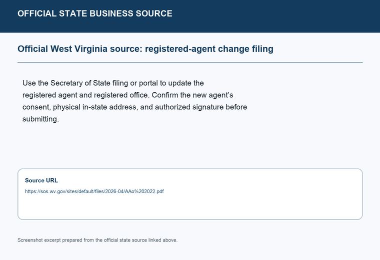 Official West Virginia registered-agent change filing source screenshot showing the change filing information