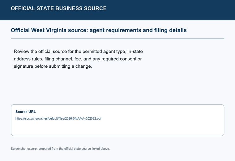 Official West Virginia registered-agent requirements source screenshot showing agent requirements and filing details