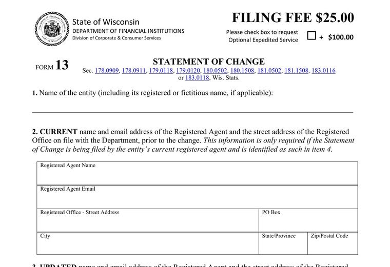 Official Wisconsin registered-agent change filing source screenshot showing the change filing information