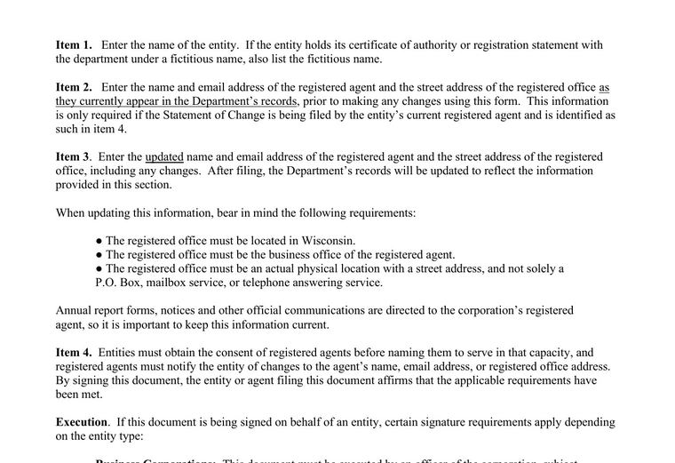 Official Wisconsin registered-agent requirements source screenshot showing agent requirements and filing details
