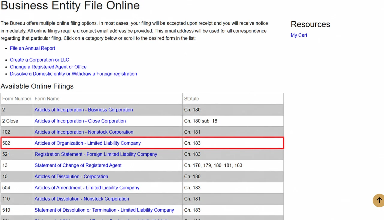 Wisconsin DFI File Online page lists Form 502 Articles of Organization for a limited liability company.
