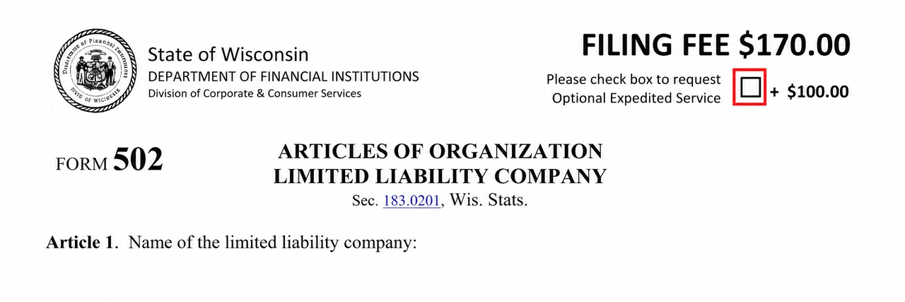 Wisconsin Form 502 header showing the optional expedited-service checkbox and additional $100 fee.