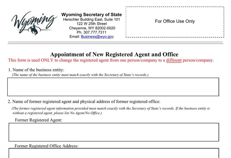Official Wyoming registered-agent change filing source screenshot showing the change filing information