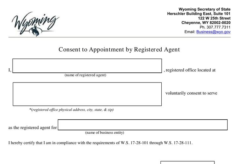 Official Wyoming registered-agent requirements source screenshot showing agent requirements and filing details
