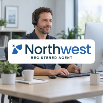 Northwest Registered Agent logo on a male advisor office background