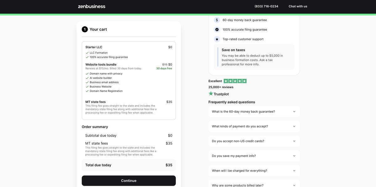 ZenBusiness checkout cart showing Starter LLC at $0, the website tools bundle free for 30 days then $15 per month, and a $35 Montana state filing fee for a $35 total